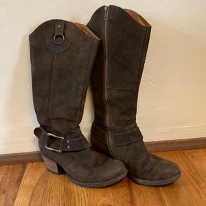 SOLD- BORN Boots Brown Tall Distressed Loreza Suede Western Style Side Zip -8.5